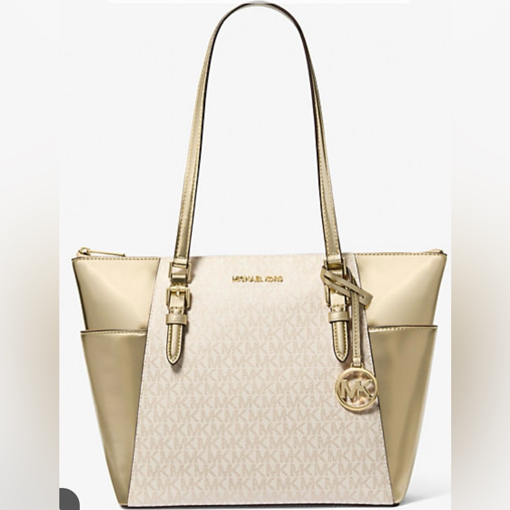 MICHAEL KORS Charlotte Large Signature Logo and Metallic Top-Zip Tote Bag NWT